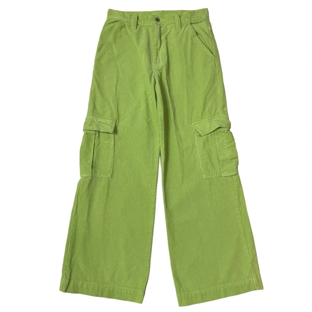 {Brandy Melville x John Galt} Lime Green Corduroy Wide Relaxed Baggy Cargo Pants - Picture 4 of 4